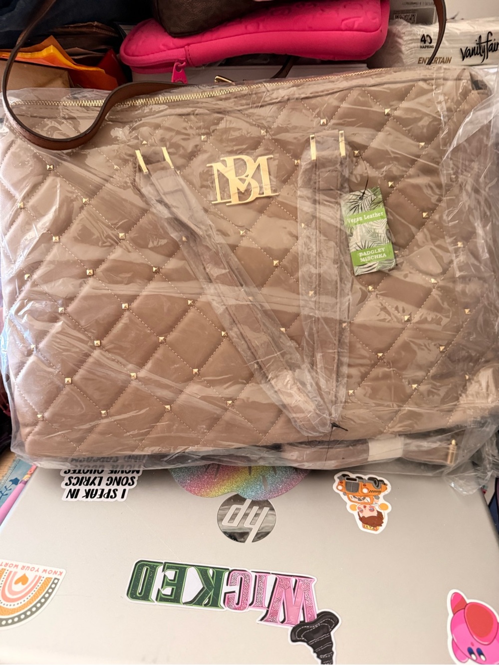 Quilted Tote Bag in Taupe with Gold Hardware